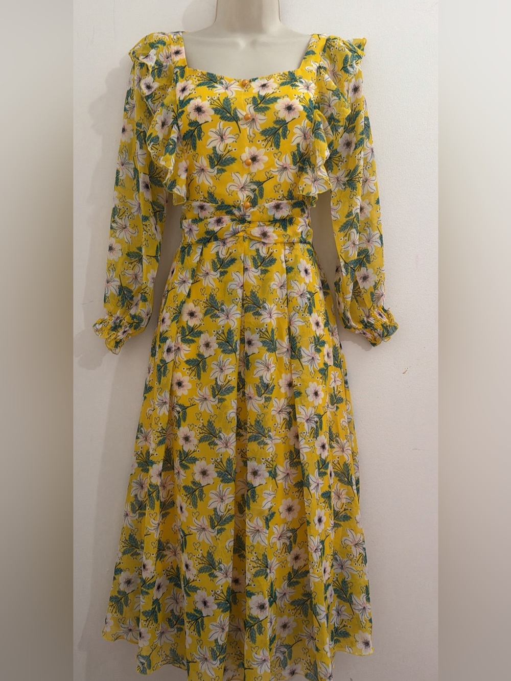 Yellow Floral Long Sleeve Midi Dress can fit s and m - Picture 6 of 7